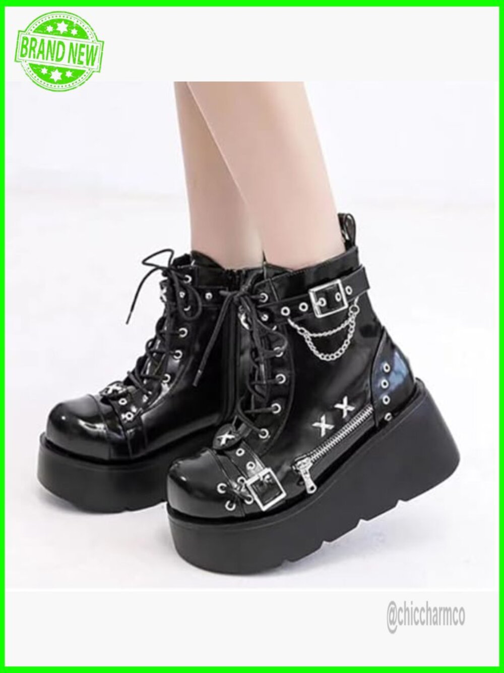 Gothic Chunky Block Heel Platform Ankle Boots with Bat Wing Buckle Punk Combat - Picture 6 of 6